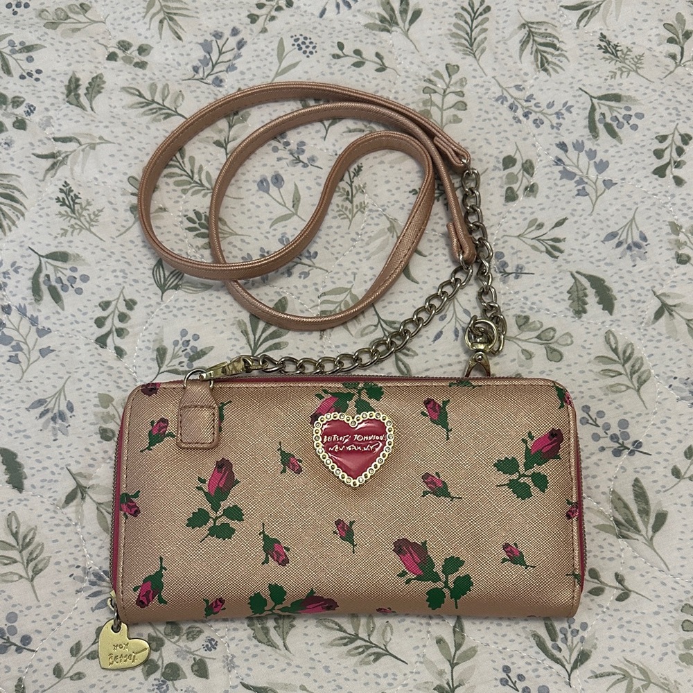 Betsey Johnson Rose Gold Rose Print Crossbody Wallet